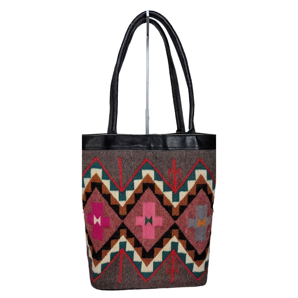 Vintage Southwestern Tribal Woven Wool Blanket Tote Bag Leather Trim Saddle Bag